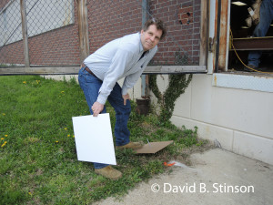 J. Hollis B. Albert III standing next to former location of home plate, old Oriole Park, Baltimore, Maryland